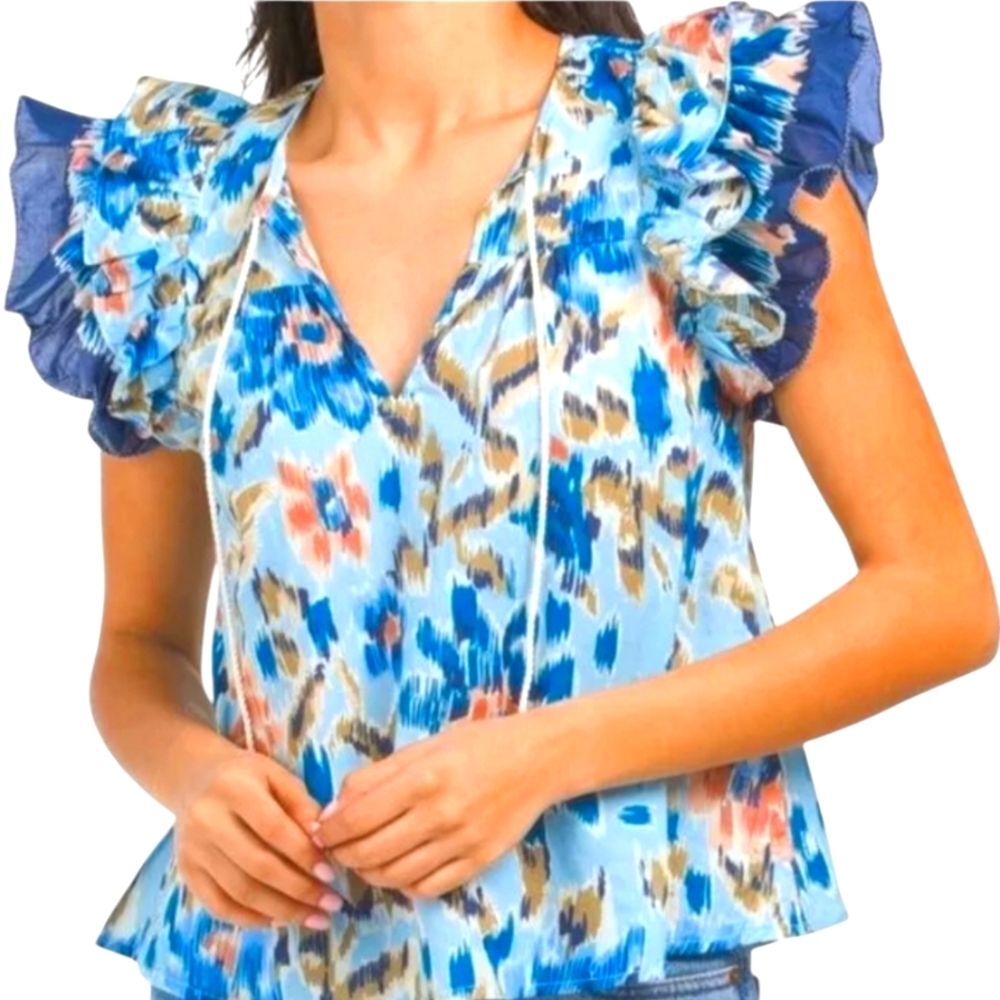 House of Harlow Top Zoey Blue Ruffle Blouse Ikat‎ Sleeveless Babydoll BOHO XS